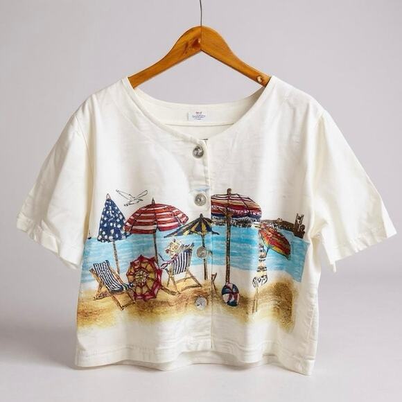 VINTAGE Y2K Go Nutz Beach Print Cotton Button Up T-Shirt Sz XL Coastal Grandma - Picture 1 of 8